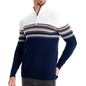 Men's half-zip cable knit sweater with navy blue patchwork and Nordic jacquard pattern