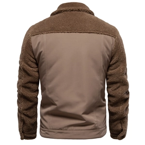 Men's outdoor patchwork jacket with brown lamb wool and windproof fabric, back view detail