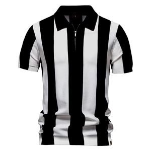 Men's summer knit polo shirt with vertical black and white stripes and zipper collar