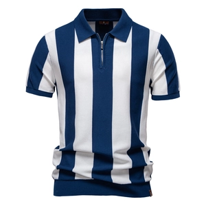 Polo da Uomo a Maglia con Righe Verticali Manica Corta in Misto Viscosa Mezza Zip Risvolto Top per Smart Casual Quotidiano