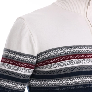 White half-zip knit sweater for men featuring colorful geometric patterns on chest and sleeves