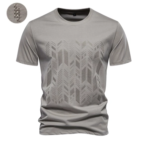T-shirt ajusté en coton gris pour homme avec motif géométrique brodé et col rond classique