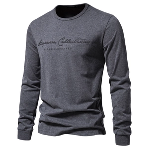 Men's Crew Neck Long Sleeve T-Shirt 100% Cotton Casual Solid Color Letter Print Top Slim Fit Pullover Breathable Autumn Tee