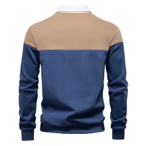 Men's color block long sleeve Polo sweatshirt in khaki and navy blue with white collar