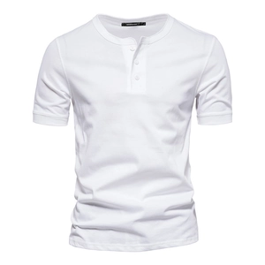 Short sleeve white cotton Henley T-shirt for men with three-button neck design