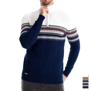 Men's half-zip cable knit sweater with Fair Isle pattern and stand collar in navy blue