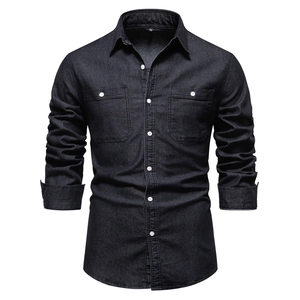 Classic men's black long sleeve denim shirt with double chest pockets and contrast buttons