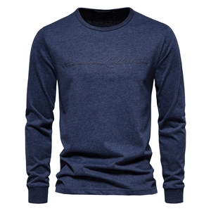 Men's navy blue long sleeve cotton T-shirt with embossed chest lettering and ribbed cuffs