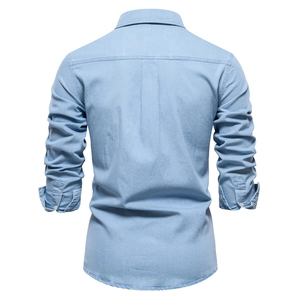 Back view of a classic light blue denim long sleeve shirt for men with back yoke detail