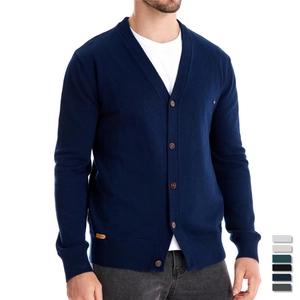 Classic men's navy blue knitted cardigan with V-neck design and button-up closure for business
