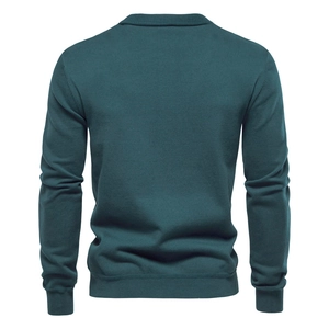Deep forest green men's long sleeve knit sweater with ribbed cuffs and crew neck