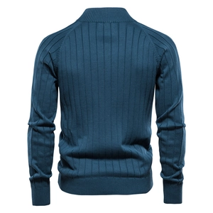 Men's dark blue vertical cable knit cardigan sweater with standing collar and ribbed cuffs