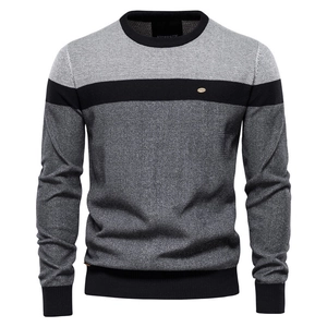 Men Casual Knit Sweater Round Neck Long Sleeve Color Block Striped Slim Fit Cotton Blend Pullover Warm Fashion Knitwear