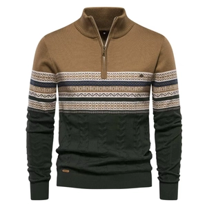 Men's half-zip knit sweater featuring brown and dark green geometric jacquard panels