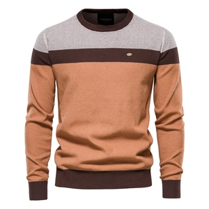 Men's casual crewneck knit sweater with trendy grey brown and orange color block design