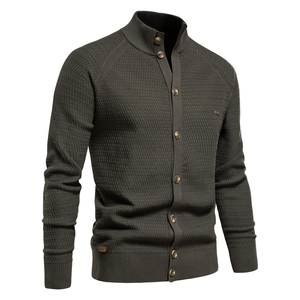 Men's dark olive green knit cardigan with stand collar and textured honeycomb weave