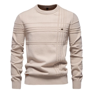 Men Crew Neck Sweater 95% Cotton Knitted Pullover Long Sleeve Solid Color Textured Stripe European Size Urban Casual Jumper