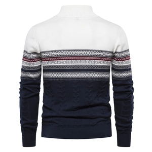 Men's half-zip knit sweater featuring Fair Isle geometric patterns and ribbed stand collar