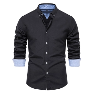 Slim fit black long sleeve casual shirt for men with light blue contrast collar details