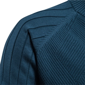Men's navy knit cardigan sweater featuring diamond geometric texture and ribbed shoulder