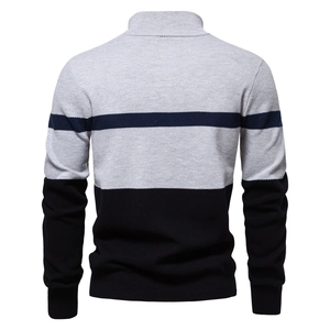 Men's half-zip knit sweater with contrast color block design on the back view