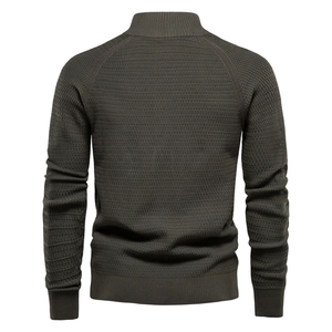 Men's olive green business casual knitted cardigan sweater with textured waffle patterns