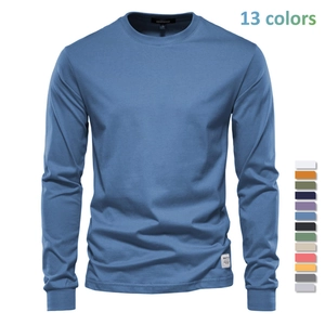 Maglietta da Uomo Casual Tinta Unita a Maniche Lunghe in 100% Cotone Girocollo Vestibilità Comoda con Patch Decorativa