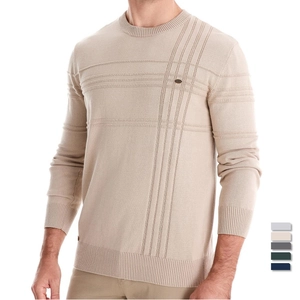 Men's apricot crewneck sweater with fine knit stripes and a small metal chest badge
