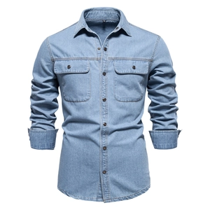 Mens Long Sleeve Washed Denim Shirt 100 Percent Cotton Casual Workwear Style Double Pockets Classic Turn Down Collar Top