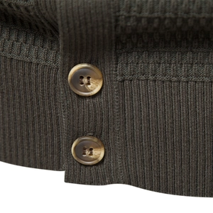 Men's olive green cardigan with high-quality waffle knit texture and tortoiseshell buttons