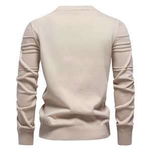 Back view of apricot crewneck knit sweater with textured stripe details on sleeves