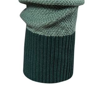Men's sage green and dark green striped patchwork knit sweater with ribbed cuffs
