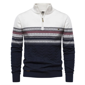 Men's quarter-zip knitted sweater with Nordic Fair Isle pattern and navy cable knit detail