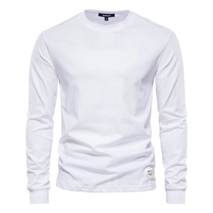 T-shirt classica a maniche lunghe in cotone bianco da uomo con girocollo e polsini a costine