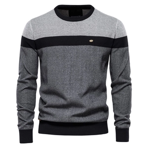 Men's crew neck sweater with grey color blocking and black stripes in knitted fabric