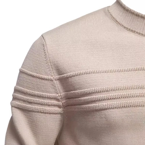 Men's apricot crewneck sweater with fine horizontal knit texture and ribbed neckline