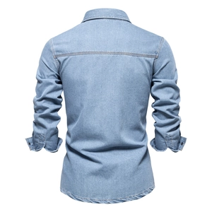 Men's washed cotton denim shirt long sleeve casual slim fit in light blue back view