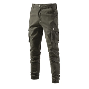 Men's olive green cargo joggers featuring side flap pockets and elastic cuffs on white background