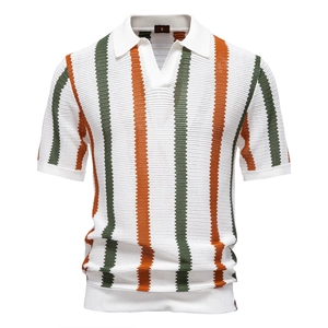 Men's Summer Breathable Hollow Out Striped Knit Polo Shirt Short Sleeve Lapel Vintage Casual Business Tops For Men