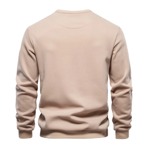 Back view of autumn men's loose fit beige crewneck sweatshirt with ribbed cuffs