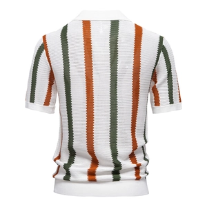 Men's retro knit Polo shirt featuring vertical orange and green stripes and back view detail