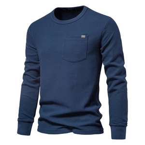 Men Casual Waffle Knit Long Sleeve T-Shirt Cotton Blend Breathable Crewneck Solid Color Pocket Top Daily Clothing