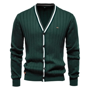 Cardigan da Uomo Scollo a V Business Casual Abbottonato Manica Lunga Top a Costine Con Bordi a Strisce a Contrasto