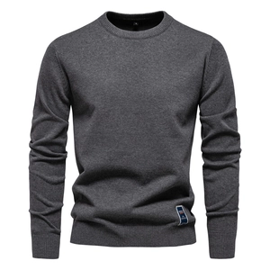 Pull en Maille Homme Col Rond Manches Longues Coupe Ajustée Couleur Unie Mélange de Coton Décontracté Automne Hiver