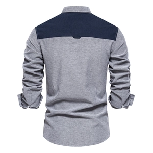 Men's Oxford casual long sleeve shirt featuring a grey and navy color block design