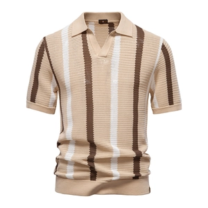 Men's vertical striped knit Polo shirt in beige and brown with breathable hollow texture