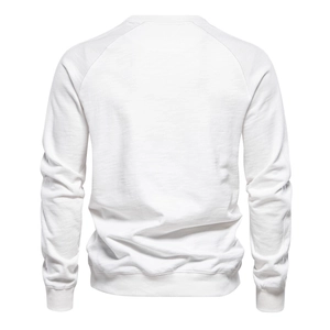 Minimalist white crewneck sweatshirt with raglan sleeves and ribbed cuffs, back view display