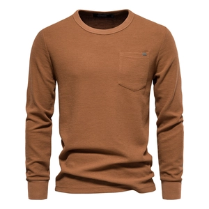 Men's waffle knit long sleeve t-shirt in caramel color with a functional chest pocket