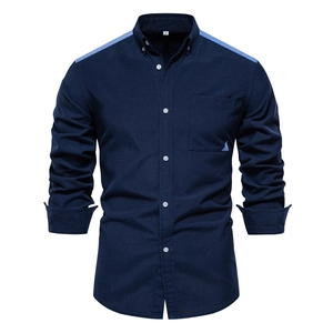 Men's Oxford cotton slim fit shirt in dark blue with light blue shoulder patchwork