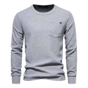 Men's waffle knit long sleeve T-shirt with crew neck and chest pocket in light grey